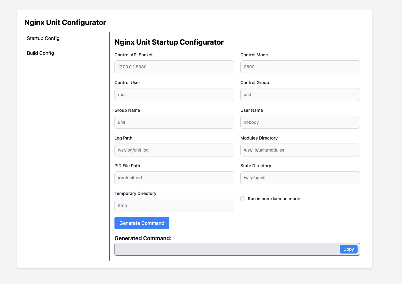 Nginx Unit Configurator のスクリーンショット